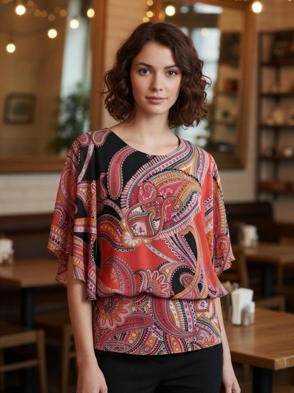 Coco Bianco Coral and Black Paisley Flutter-Sleeve Blouse Size M